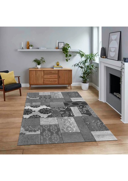 Dijital Baskılı Kaymaz Taban Yıkanabilir Patchwork Yolluk Salon Halısı, V-Patchwork-16-Gri,