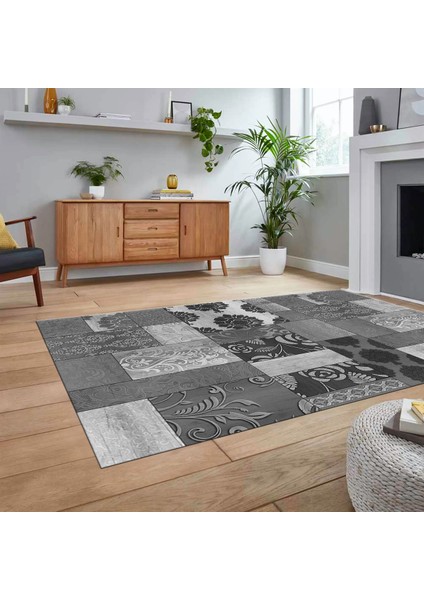 Dijital Baskılı Kaymaz Taban Yıkanabilir Patchwork Yolluk Salon Halısı, V-Patchwork-16-Gri, fiyatları