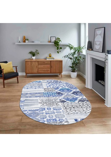 Dijital Baskılı Kaymaz Yıkanabilir Oval Patchwork Yolluk Salon Halısı, V-O-Patchwork-02-Mavi,