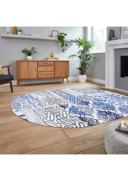 Dijital Baskılı Kaymaz Yıkanabilir Oval Patchwork Yolluk Salon Halısı, V-O-Patchwork-02-Mavi, fiyatları