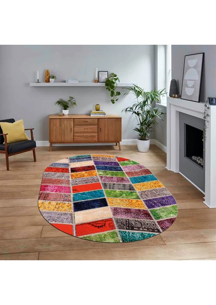 Dijital Baskılı Kaymaz Yıkanabilir Oval Patchwork Yolluk Salon Halısı, V-O-Patchwork-10-Renkli,