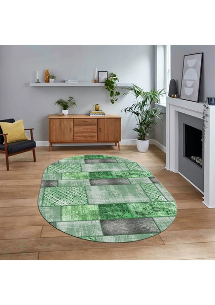 Dijital Baskılı Kaymaz Yıkanabilir Oval Patchwork Yolluk Salon Halısı, V-O-Patchwork-18-Yeşil,
