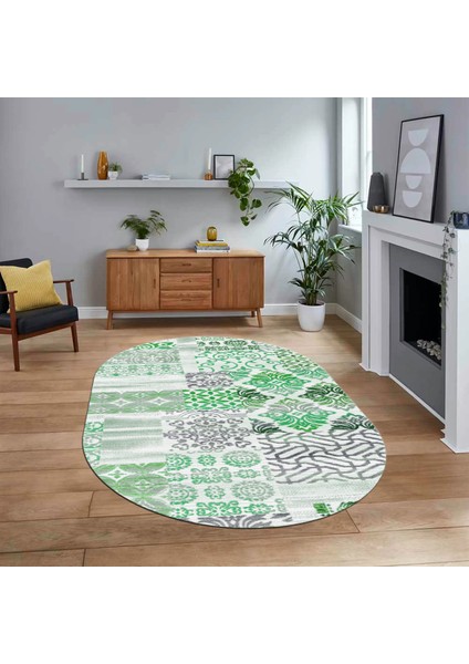 Dijital Baskılı Kaymaz Yıkanabilir Oval Patchwork Yolluk Salon Halısı, V-O-Patchwork-02-Yeşil,