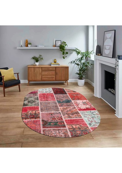 Dijital Baskılı Kaymaz Yıkanabilir Oval Patchwork Yolluk Salon Halısı, V-O-Patchwork-04-Kırmızı,
