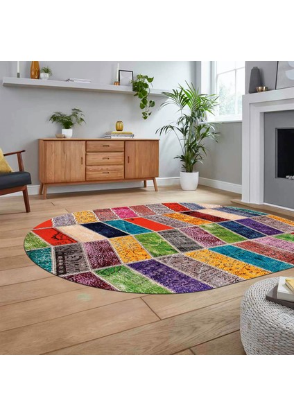 Dijital Baskılı Kaymaz Yıkanabilir Oval Patchwork Yolluk Salon Halısı, V-O-Patchwork-10-Renkli,