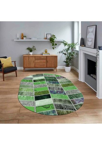 Dijital Baskılı Kaymaz Yıkanabilir Oval Patchwork Yolluk Salon Halısı, V-O-Patchwork-10-Yeşil,