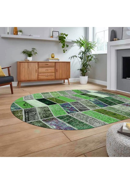 Dijital Baskılı Kaymaz Yıkanabilir Oval Patchwork Yolluk Salon Halısı, V-O-Patchwork-10-Yeşil, fiyatları