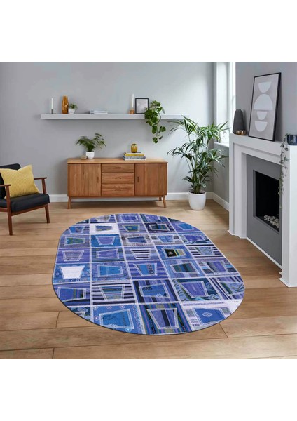 Dijital Baskılı Kaymaz Yıkanabilir Oval Patchwork Yolluk Salon Halısı, V-O-Patchwork-11-Mavi,