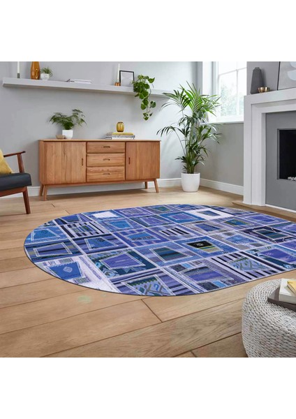 Dijital Baskılı Kaymaz Yıkanabilir Oval Patchwork Yolluk Salon Halısı, V-O-Patchwork-11-Mavi, fiyatları