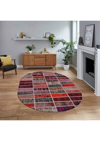 Dijital Baskılı Kaymaz Yıkanabilir Oval Patchwork Yolluk Salon Halısı, V-O-Patchwork-09-Kırmızı,