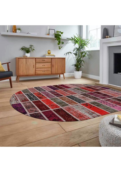 Dijital Baskılı Kaymaz Yıkanabilir Oval Patchwork Yolluk Salon Halısı, V-O-Patchwork-09-Kırmızı,