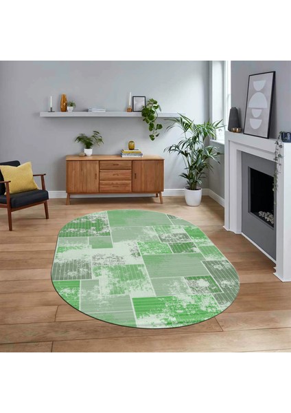 Dijital Baskılı Kaymaz Yıkanabilir Oval Patchwork Yolluk Salon Halısı, V-O-Patchwork-20-Yeşil,