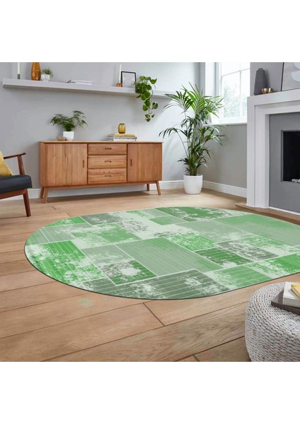 Dijital Baskılı Kaymaz Yıkanabilir Oval Patchwork Yolluk Salon Halısı, V-O-Patchwork-20-Yeşil, fiyatları