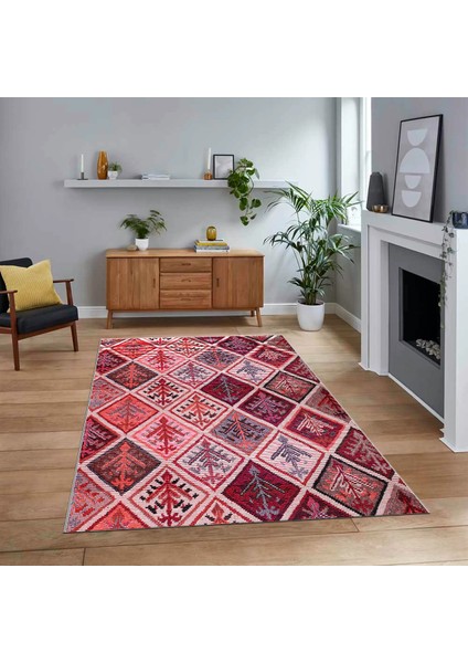 Dijital Baskılı Kaymaz Taban Yıkanabilir Patchwork Yolluk Salon Halısı, V-Patchwork-08-Kırmızı,