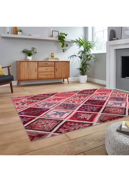 Dijital Baskılı Kaymaz Taban Yıkanabilir Patchwork Yolluk Salon Halısı, V-Patchwork-08-Kırmızı, fiyatları