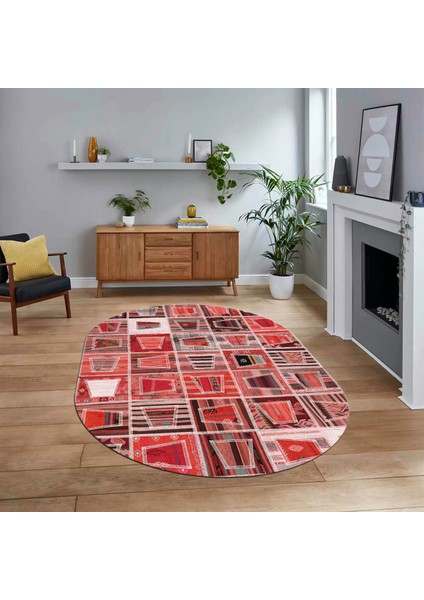 Dijital Baskılı Kaymaz Yıkanabilir Oval Patchwork Yolluk Salon Halısı, V-O-Patchwork-11-Kırmızı,