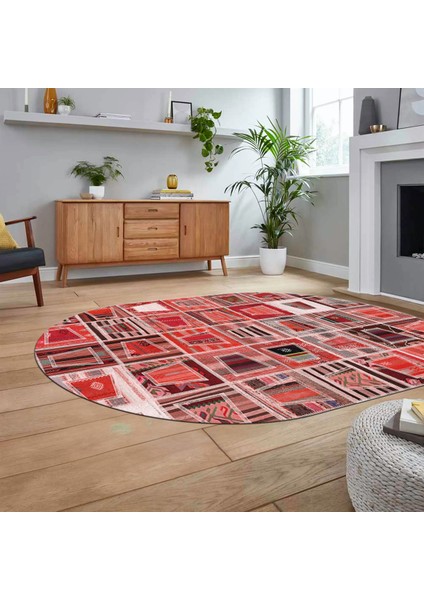 Dijital Baskılı Kaymaz Yıkanabilir Oval Patchwork Yolluk Salon Halısı, V-O-Patchwork-11-Kırmızı, fiyatları