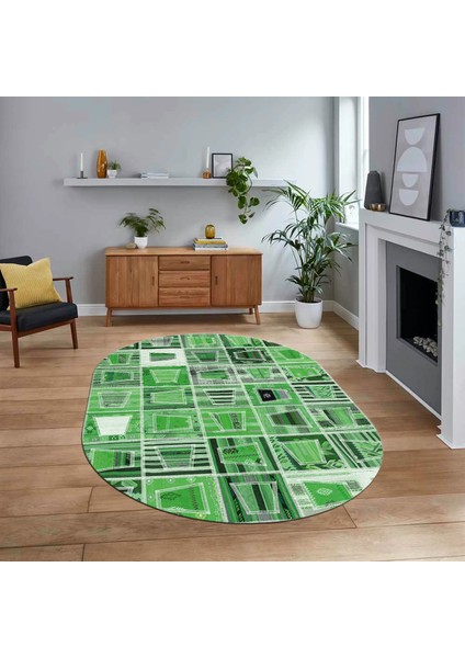 Dijital Baskılı Kaymaz Yıkanabilir Oval Patchwork Yolluk Salon Halısı, V-O-Patchwork-11-Yeşil,