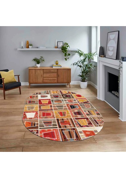 Dijital Baskılı Kaymaz Yıkanabilir Oval Patchwork Yolluk Salon Halısı, V-O-Patchwork-11-Renkli,