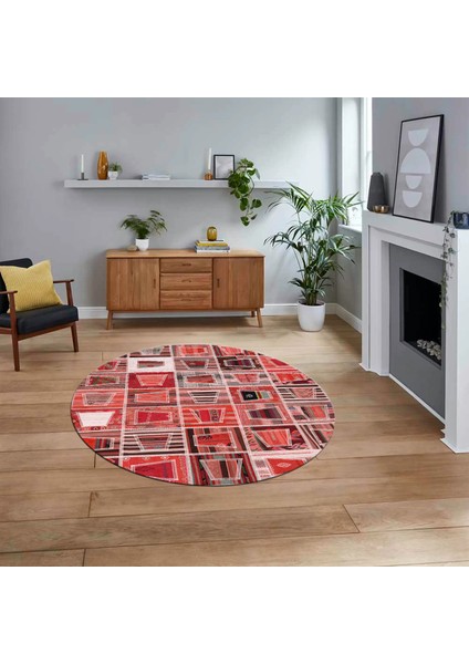 Dijital Baskılı Kaymaz Yıkanabilir Yuvarlak Patchwork Mutfak Salon Halısı, V-Y-Patchwork-11-Kırmızı,