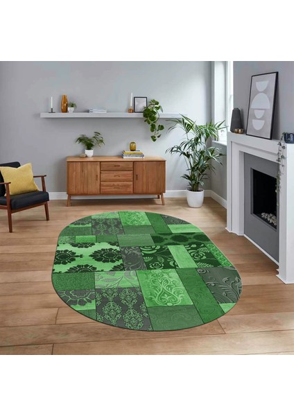 Dijital Baskılı Kaymaz Yıkanabilir Oval Patchwork Yolluk Salon Halısı, V-O-Patchwork-16-Yeşil,