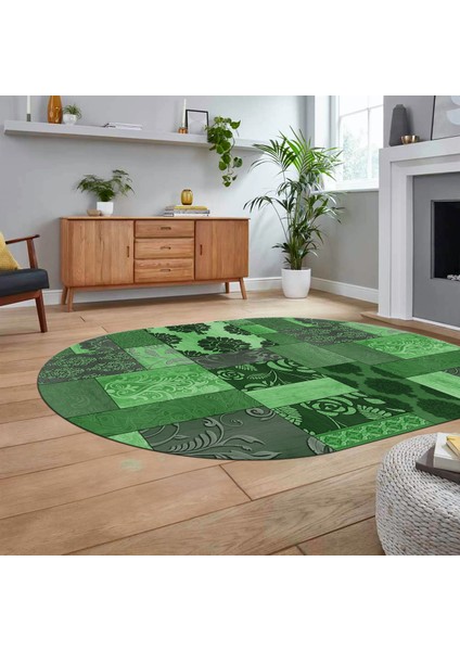 Dijital Baskılı Kaymaz Yıkanabilir Oval Patchwork Yolluk Salon Halısı, V-O-Patchwork-16-Yeşil, fiyatları
