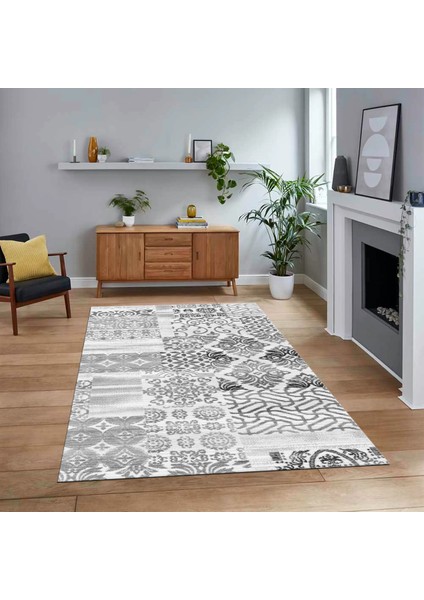 Dijital Baskılı Kaymaz Taban Yıkanabilir Patchwork Yolluk Salon Halısı, V-Patchwork-02-Gri,