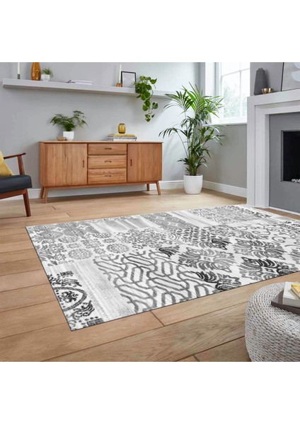 Dijital Baskılı Kaymaz Taban Yıkanabilir Patchwork Yolluk Salon Halısı, V-Patchwork-02-Gri,