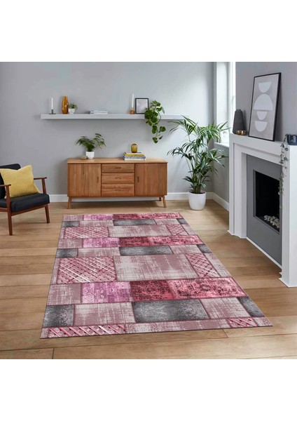 Dijital Baskılı Kaymaz Taban Yıkanabilir Patchwork Yolluk Salon Halısı, V-Patchwork-18-Pembe,