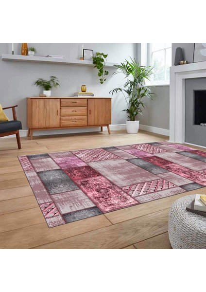 Dijital Baskılı Kaymaz Taban Yıkanabilir Patchwork Yolluk Salon Halısı, V-Patchwork-18-Pembe,