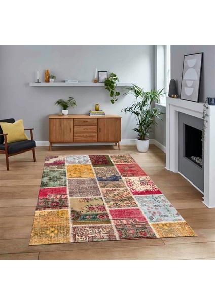 Dijital Baskılı Kaymaz Taban Yıkanabilir Patchwork Yolluk Salon Halısı, V-Patchwork-04-Renkli,