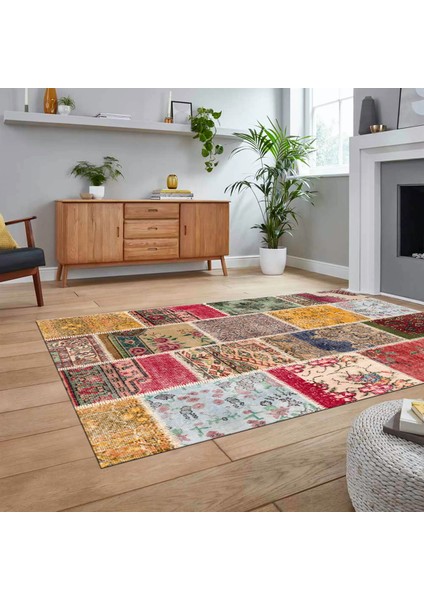 Dijital Baskılı Kaymaz Taban Yıkanabilir Patchwork Yolluk Salon Halısı, V-Patchwork-04-Renkli,