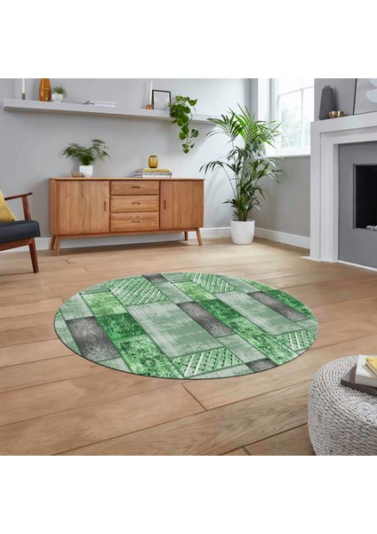 Dijital Baskılı Kaymaz Yıkanabilir Yuvarlak Patchwork Mutfak Salon Halısı, V-Y-Patchwork-18-Yeşil,