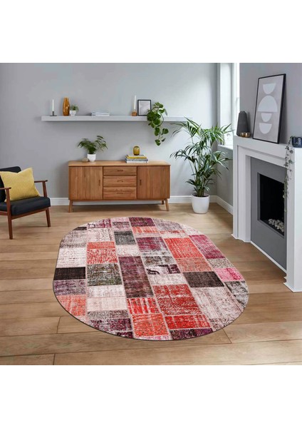 Dijital Baskılı Kaymaz Yıkanabilir Oval Patchwork Yolluk Salon Halısı, V-O-Patchwork-03-Kırmızı,