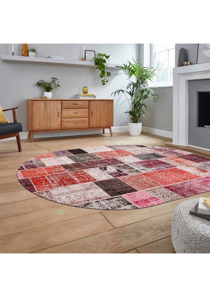 Dijital Baskılı Kaymaz Yıkanabilir Oval Patchwork Yolluk Salon Halısı, V-O-Patchwork-03-Kırmızı, fiyatları