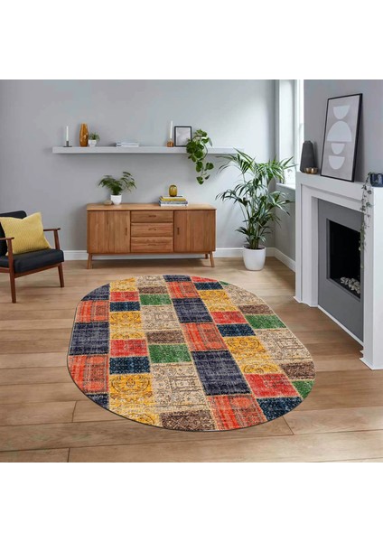 Dijital Baskılı Kaymaz Yıkanabilir Oval Patchwork Yolluk Salon Halısı, V-O-Patchwork-07-Renkli,