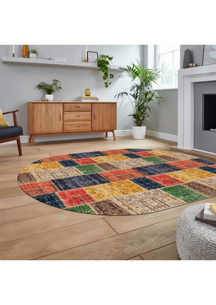 Dijital Baskılı Kaymaz Yıkanabilir Oval Patchwork Yolluk Salon Halısı, V-O-Patchwork-07-Renkli, fiyatları