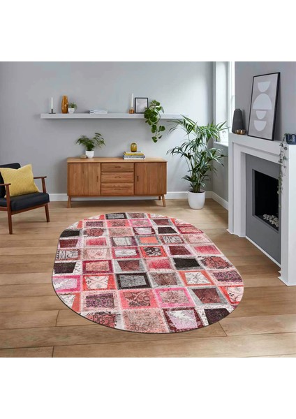 Dijital Baskılı Kaymaz Yıkanabilir Oval Patchwork Yolluk Salon Halısı, V-O-Patchwork-14-Kırmızı,