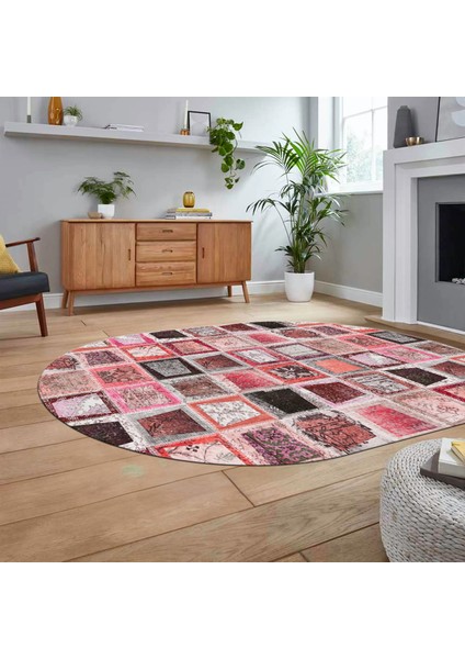 Dijital Baskılı Kaymaz Yıkanabilir Oval Patchwork Yolluk Salon Halısı, V-O-Patchwork-14-Kırmızı, fiyatları
