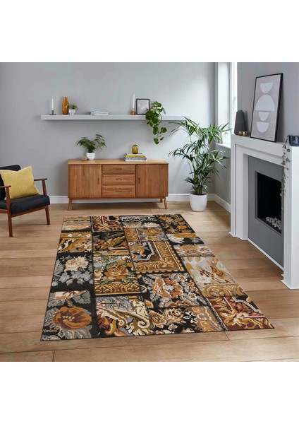 Dijital Baskılı Kaymaz Taban Yıkanabilir Patchwork Yolluk Salon Halısı, V-Patchwork-12-Kahve,