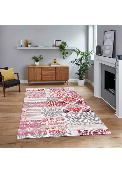 Dijital Baskılı Kaymaz Taban Yıkanabilir Patchwork Yolluk Salon Halısı, V-Patchwork-02-Kırmızı,