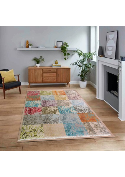 Dijital Baskılı Kaymaz Taban Yıkanabilir Patchwork Yolluk Salon Halısı, V-Patchwork-17-Renkli,