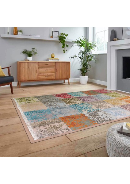 Dijital Baskılı Kaymaz Taban Yıkanabilir Patchwork Yolluk Salon Halısı, V-Patchwork-17-Renkli,