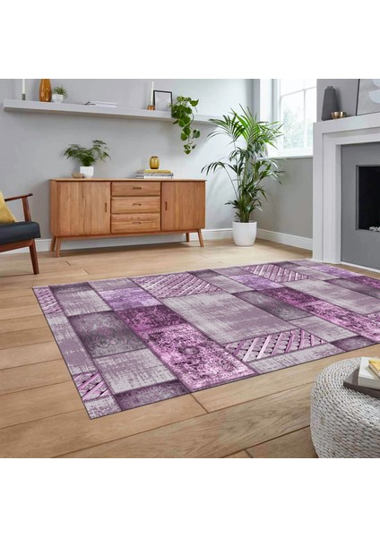 Dijital Baskılı Kaymaz Taban Yıkanabilir Patchwork Yolluk Salon Halısı, V-Patchwork-18-Mor,