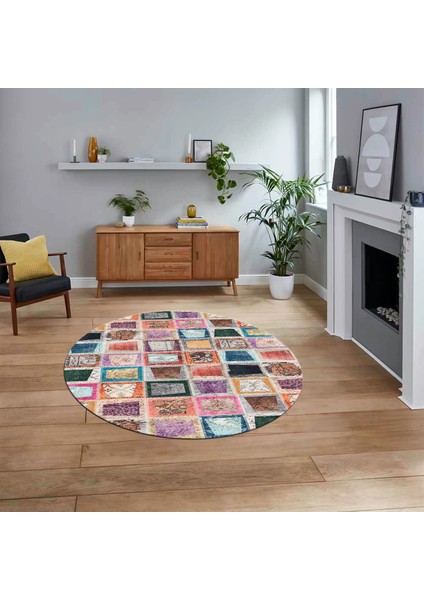 Dijital Baskılı Kaymaz Yıkanabilir Yuvarlak Patchwork Mutfak Salon Halısı, V-Y-Patchwork-14-Renkli,