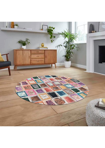 Dijital Baskılı Kaymaz Yıkanabilir Yuvarlak Patchwork Mutfak Salon Halısı, V-Y-Patchwork-14-Renkli,