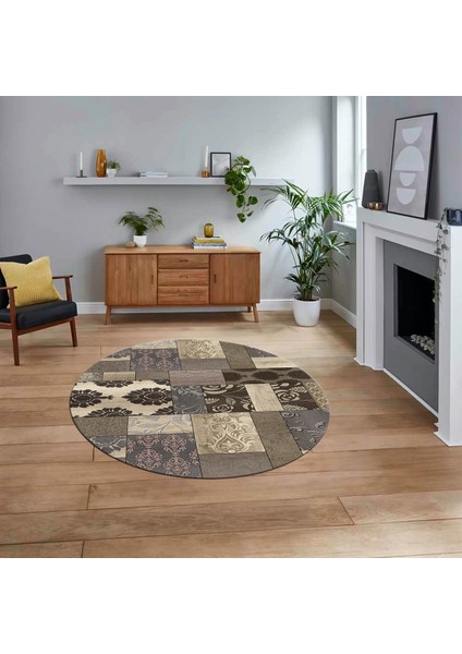 Dijital Baskılı Kaymaz Yıkanabilir Yuvarlak Patchwork Mutfak Salon Halısı, V-Y-Patchwork-16-Vizon,