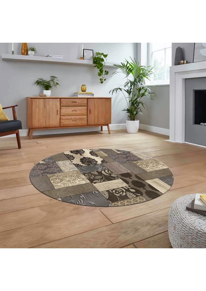 Dijital Baskılı Kaymaz Yıkanabilir Yuvarlak Patchwork Mutfak Salon Halısı, V-Y-Patchwork-16-Vizon,