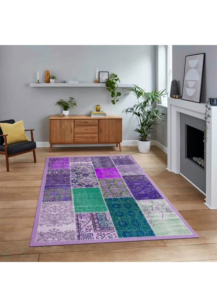Dijital Baskılı Kaymaz Taban Yıkanabilir Patchwork Yolluk Salon Halısı, V-Patchwork-01-Mor,