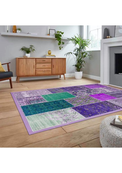 Dijital Baskılı Kaymaz Taban Yıkanabilir Patchwork Yolluk Salon Halısı, V-Patchwork-01-Mor,